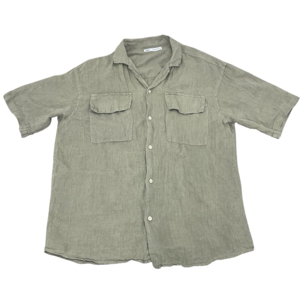 Olive Green Zara Linen Button Down Shirt (S)